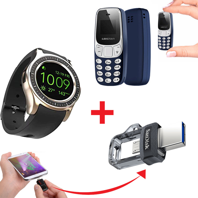 bundle Of Smart watch, dual Flash Disc and Mini Phone